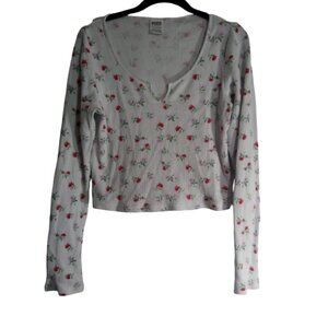 PINK Top Thermal Sz XL Cropped Pink Red Small Flowers On White Cotton